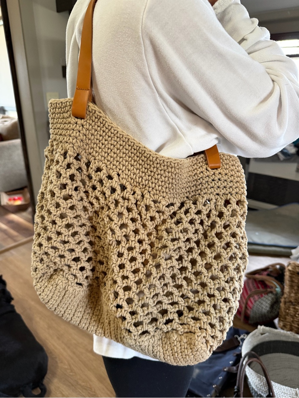 Beige Crochet Tote with Tan Handles - Casual Everyday Shoulder Bag